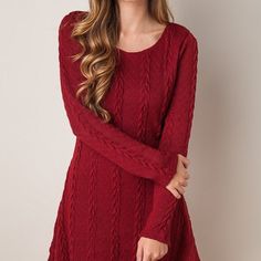 Knitted Round Neck Long Sleeve Dress Fall Cable Knit Sweater Dress, Soft Knit Fall Dresses, Casual Soft Knit Dress, Soft Knit Dresses For Fall, Cozy Cable Knit Dresses For Fall, Cable Knit Long Sleeve Dress, Casual Cable Knit Crew Neck Sweater Dress, Fitted Cable Knit Sweater Dress, Winter Cable Knit Knee-length Dress