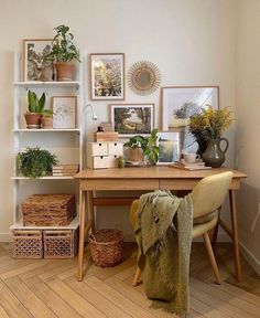 a wooden desk topped with lots of potted plants next to a shelf filled with pictures