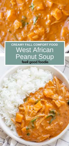 creamy fall comfort food west african peanut soup in a bowl with rice and garnish