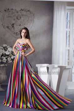 Chic Strapless A-Line Color Block Formal Dress Evening Prom Gown Neon Prom Dresses, Colorful Inspiration, Sweep Train Prom Dress, Garden Party Dress, Evening Outfits, Prom Party, Gorgeous Gowns, Party Dresses For Women, Prom Gown