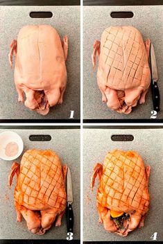 four pictures showing how to cut up a whole chicken and place it on the counter