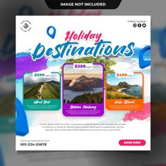 a flyer for a holiday destination with mountains and lakes in the background, on top of a