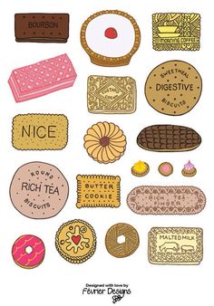 a bunch of different types of cookies and pastries on a white background with the words nice