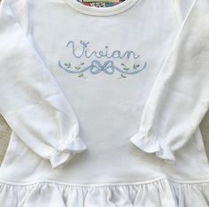 "A \"Perfectly Playful\" shirt for your precious little one!  - Please include child's name in the \"Notes to Seller\" section located at checkout.  - All orders are shipped within 1-2 weeks. If you need the item sooner, please contact me and we can discuss your options.  - Shirt is 100% cotton and minimal shrinkage should be expected. - Message me with color or design changes or questions. I am always happy to help!" Girls Disney Shirts, Moon Pie, Friends Pics, Machine Applique Designs, Monogram Ideas, Monogram Sweatshirt, Bow Shirt, Bow Shirts, Baby Embroidery