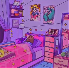 a cartoon bedroom with pink walls and purple furniture