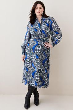 Style: Midi Dressdesign: Tile Printfabric: Wovenlength: Midineckline: Collaredsleeve Length: Long Sleeve Modest Feminine Style, Plus Size Skater Dress, Plus Size Shirt Dress, Shirt Midi Dress, Knit Skater Dress, Designer Midi Dresses, Midi Pencil Dress, Tailored Dress, Midi Shirt Dress