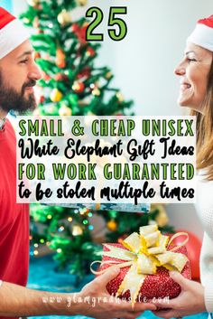 a man and woman exchanging gifts in front of a christmas tree with the words 25 small & cheap unisex white elephant gift ideas for work guaranted to be stolen multiple times