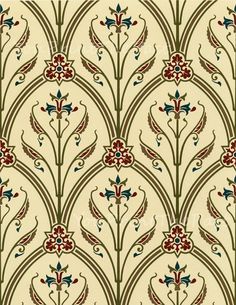 an art nouveau style wallpaper with red, blue and green flowers on cream background