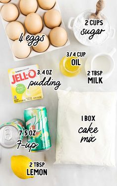 the ingredients needed to make lemonade are shown in this image, including eggs and flour