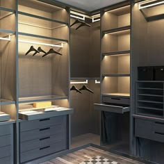 an empty walk in closet with drawers and lights