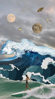 a woman on a surfboard in front of an image of a wave and planets