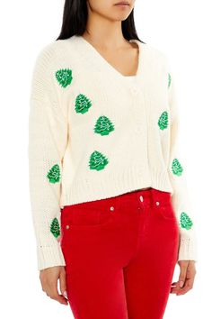 Knit cardigan sweater featuring allover Christmas tree embroidery, button - front closures, ribbed trim, dropped long sleeves, V - neckline, and cropped hem. | 100% acrylic | Hand wash cold | Model is 5'8" and wearing Small | Christmas Tree Cardigan Sweater Christmas Tree Embroidery, Small Christmas Tree, Tree Embroidery, Small Christmas Trees, Knit Cardigan Sweater, Knit Sweater Cardigan, Cardigan Sweater, Knit Cardigan, Sweater Cardigan