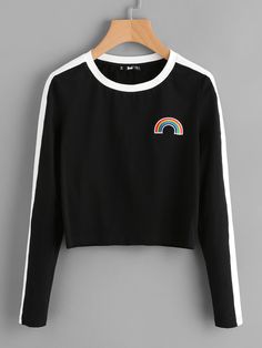 Rainbow Patch, College Outfits Comfy, Embroidered Crop Tops, Cropped Long Sleeve Top, Cropped Long Sleeve, Top Sweater, Junior Outfits, Back To School Outfits