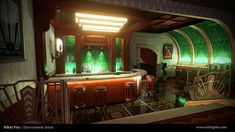 a bar with stools and green lights in a room that looks like a sci - fi movie set