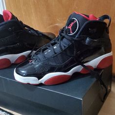 Jordan 6 Rings Black Red 5.5 Y. Worn Once Almost Brand New. Comes In Box Which Is A Little Damaged Jordan 6 Rings, Rings Black, Shoes Jordan, Jordan Red, Womens Jordans, 6 Rings, Jordan 6, Color Rojo, Black Rings