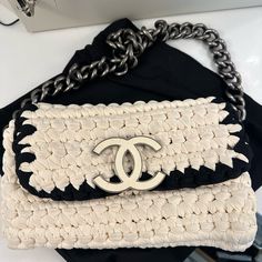 Cream With Black Stitching - Durable Material - Heavy Chain. Authentic Chanel. Has Been Babied. Light Color Transfer On Bag That Could Be Professionally Cleaned. Crochet White, Heavy Chain, Chanel Shoulder Bag, Bag Crochet, Chanel Bags, White Crochet, Vintage Quilts, Classic Flap, Vintage Logo