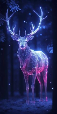 a deer standing in the middle of a forest with glowing lights on it's antlers