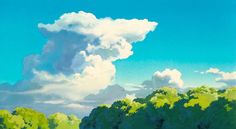 an anime scene with clouds and trees in the foreground, blue sky above them