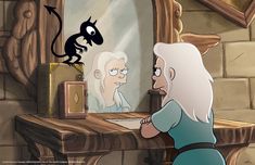 an old woman looking at herself in front of a mirror with a rat on it