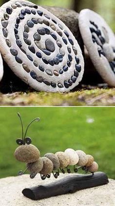 two pictures with rocks and stones in the shape of caterpillars on them