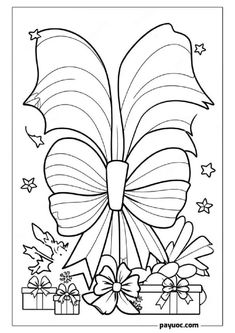 a coloring page with presents and bows