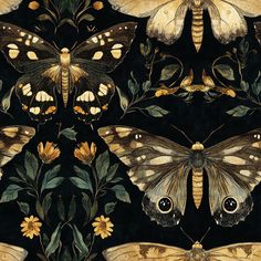 Morrigan Moths Wallpaper - Painted Paper Moths Wallpaper, Small Bathroom Wallpaper, Moonlit Garden, The Morrigan, Quiet Beauty, Wall Murals Painted, Modern Wall Art Canvas, Shades Of Gold, Pattern Repeat