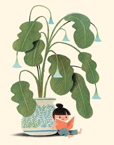 a girl is reading a book in front of a potted plant with green leaves