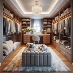 a walk in closet with an ottoman and dressing table