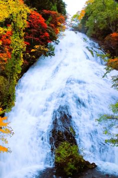 a large waterfall surrounded by trees in the fall season with colorful leaves on it's sides