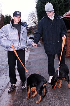 a man and woman walking two dogs on leashes