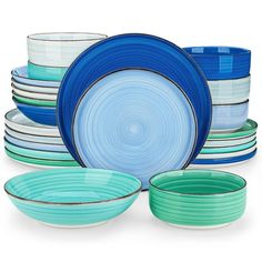 a stack of blue and green dishes