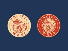 two different logos for pacific wave and pacific wave on a dark blue background, one with an image of a surfer riding a wave