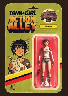 an action figure is shown in the box for action alley, which features a girl with short shorts and a tank top