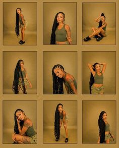 a collage of photos of a woman with long hair