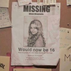 a missing poster is posted on a bulletin board with notes and other papers surrounding it