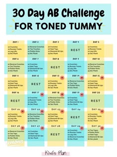 the 30 day ab challenge for toned tummy is shown in blue and yellow