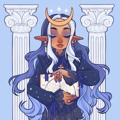 a woman with long blue hair and horns holding a book in front of some columns