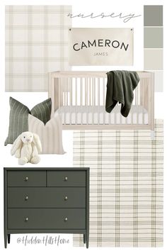 a baby's nursery room is shown in shades of gray, green and white