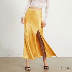 Lasaky - Premium Quality Solid Color Satin Midi Skirt with Side Slit Irregular Skirt, Satin Midi Skirt, Brown Outfit, Camisole Dress, Denim Midi Skirt, Body Con Skirt, Pleated Midi Skirt, Casual Skirt, Types Of Skirts