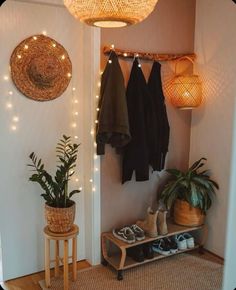 a room that has some plants and shoes on the floor in it, with lights hanging from the ceiling