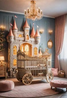 a baby's room decorated in pink and gold with a princess castle bed, crib, chandelier, and ottoman