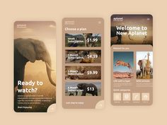 three mobile phone screens showing different animals and the price of each one, including an elephant