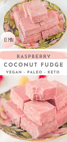 raspberry coconut fudge vegan - pale keto on a floral plate