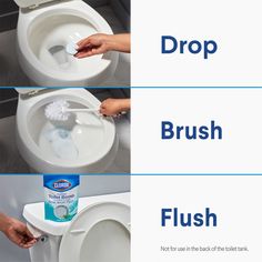 two pictures showing how to clean a toilet with the help of a brush and flush