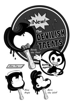 the devilish treats logo is shown in black and white, with an image of two cartoon