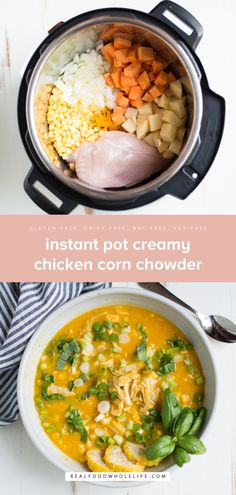 the instant pot creamy chicken corn chowder is ready to be eaten and put in the slow cooker