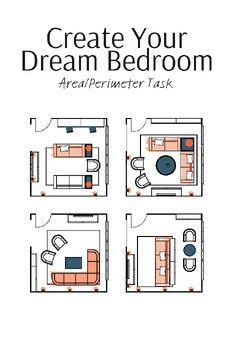 the floor plan for a bedroom with four separate rooms, including a couch and bed