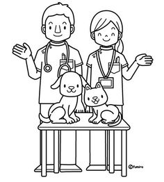 two veterinas standing next to a table with their dog and cat on it