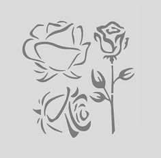 the stencil set includes three roses and two leaves, one is gray with white outline