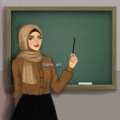 a woman standing in front of a blackboard holding a pointer